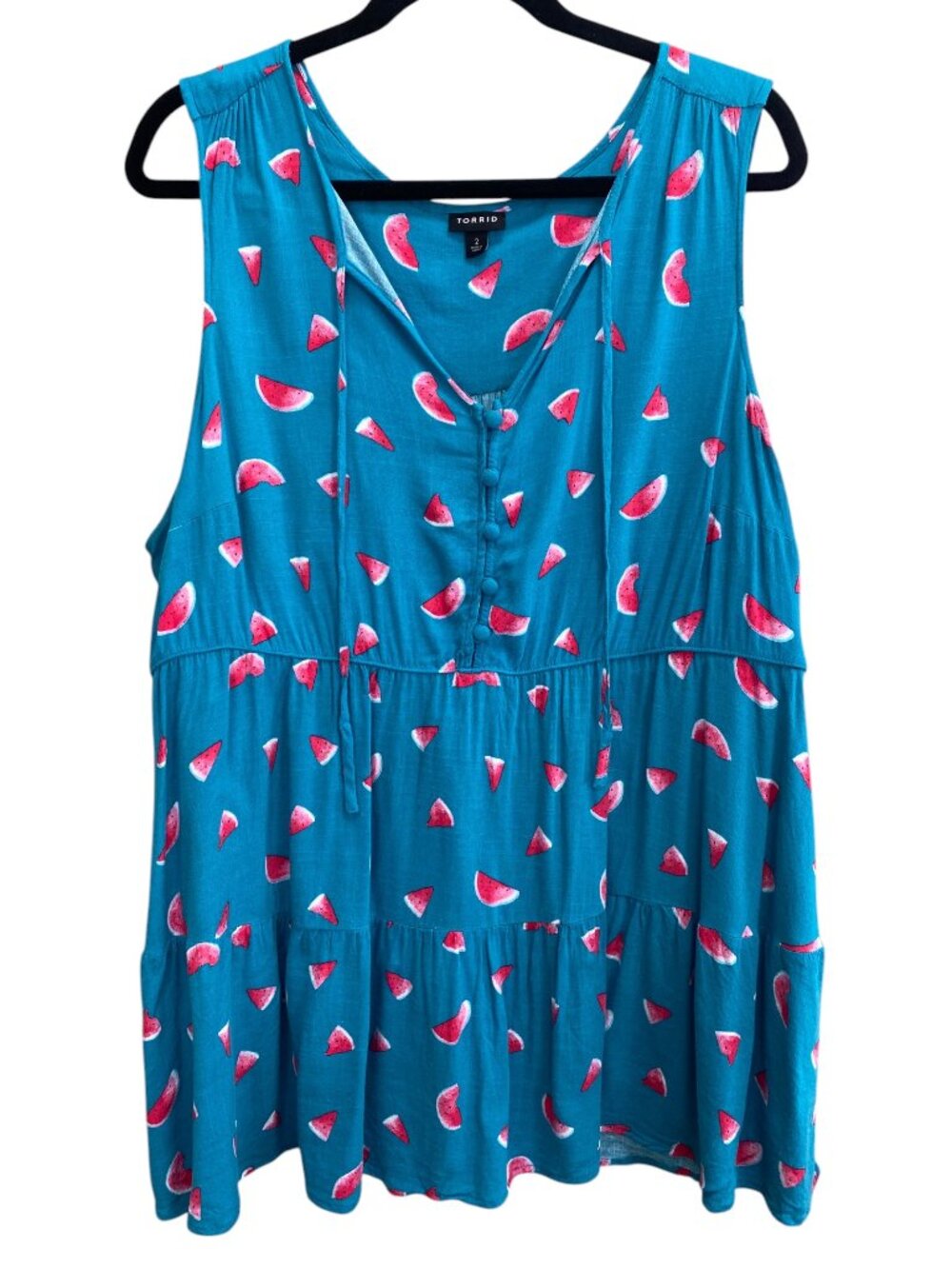 Torrid Watermelon Print Tiered Babydoll Tunic Tank Top Blue Summer Plus Sz 2/2X